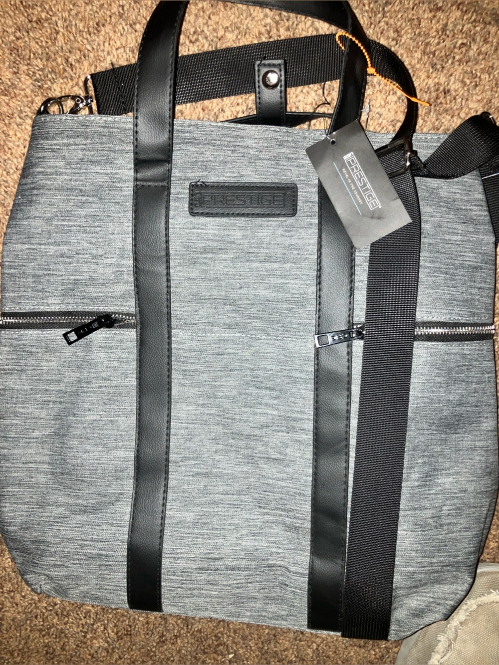 Prestige NWT canvas Men’s Gray Tote Bag with Black Trim 15”t x13” W x 5” D